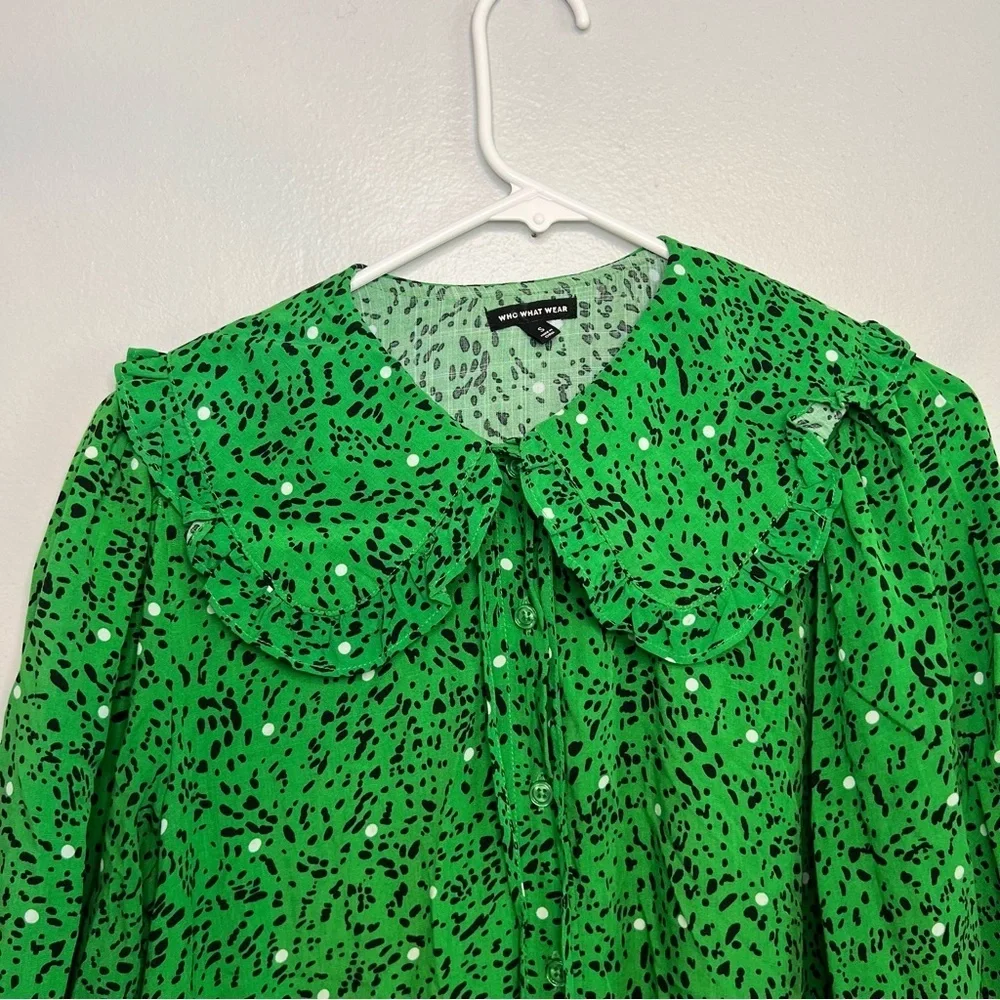 Who What Wear Long Sleeve Maxi Dress Size S Green Black White Dots Peter Pan - Picture 3 of 16